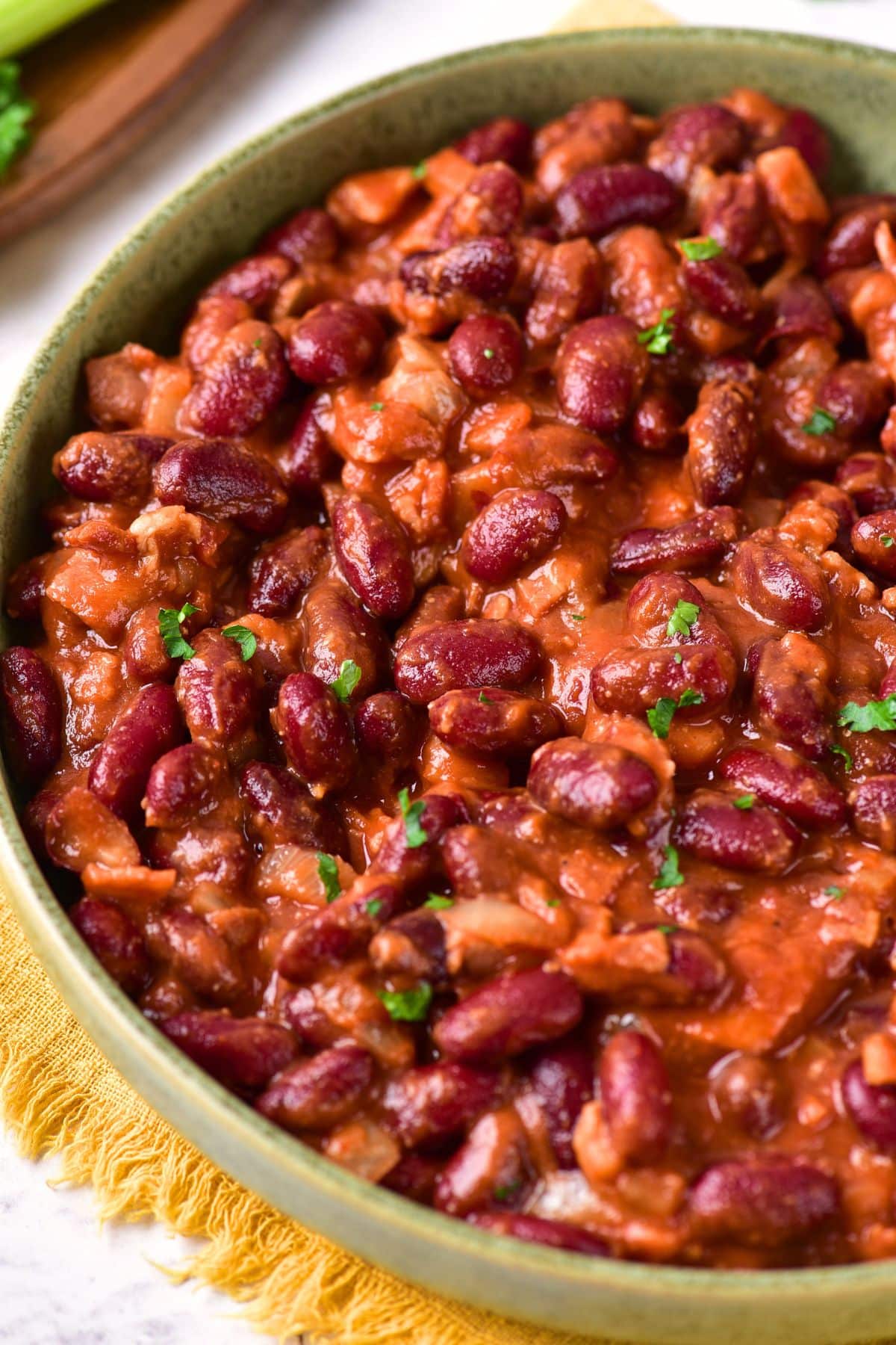 Up close view of bowl of gluten-free baked beans