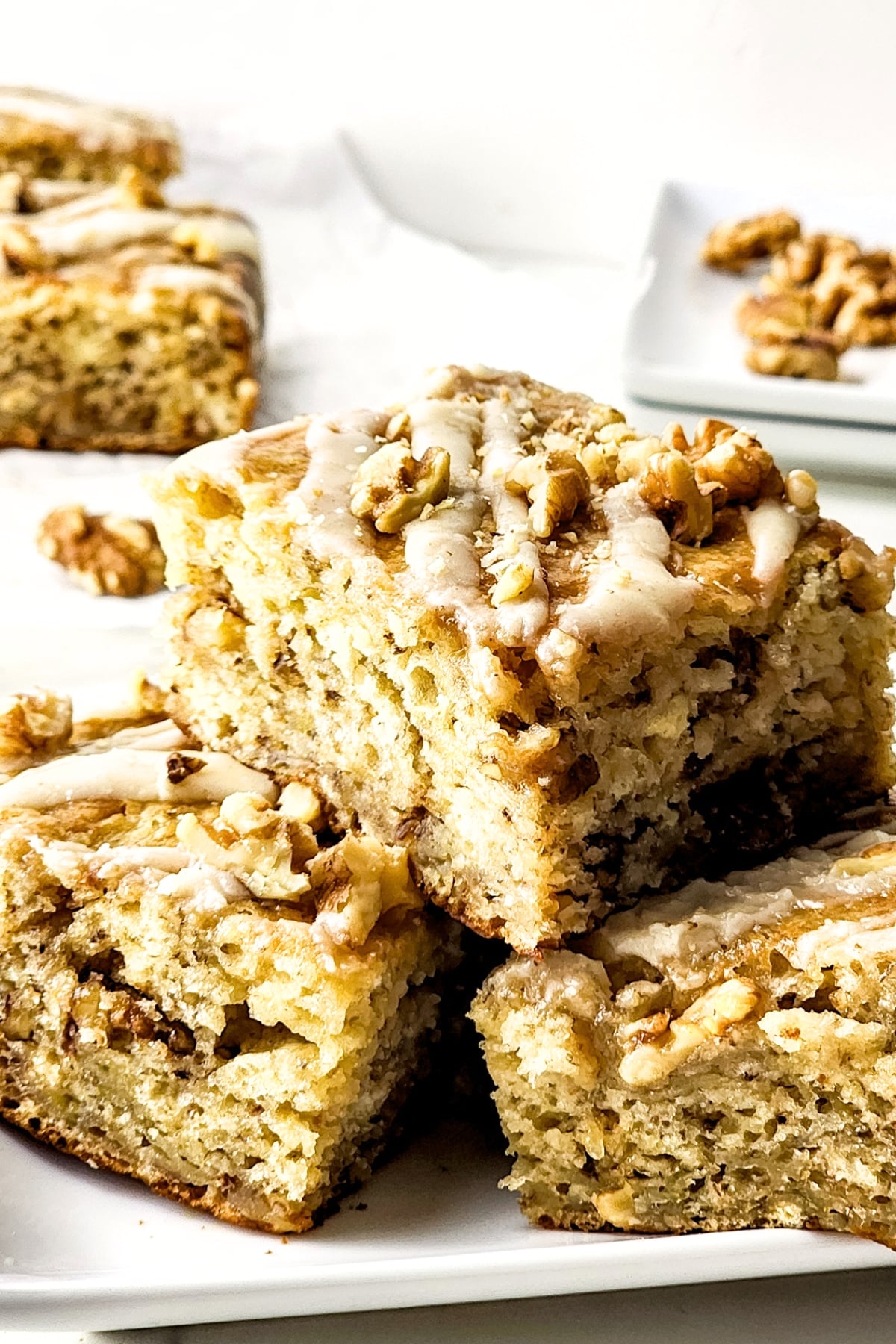 A plate piled with gluten-free banana squares.