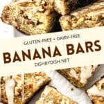 Collage of images of gluten-free banana bars.