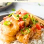 Up close image of gluten-free bang band shrimp over rice.