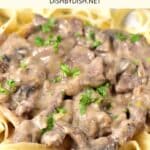 Up close shot of gluten-free stroganoff over noodles.