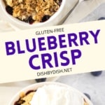 Collage of images of blueberry crisp in ramekins.