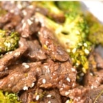Up close shot of broccoli beef on a plate.