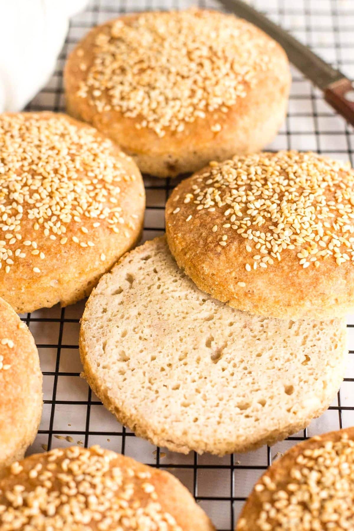 Up close image of hamburger bun sliced horizontally.