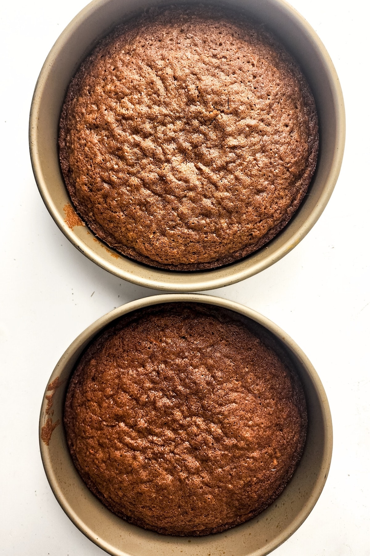 Freshly baked carrot cake in two cake pans.