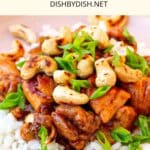 Up close view of cashew chicken in a bowl.