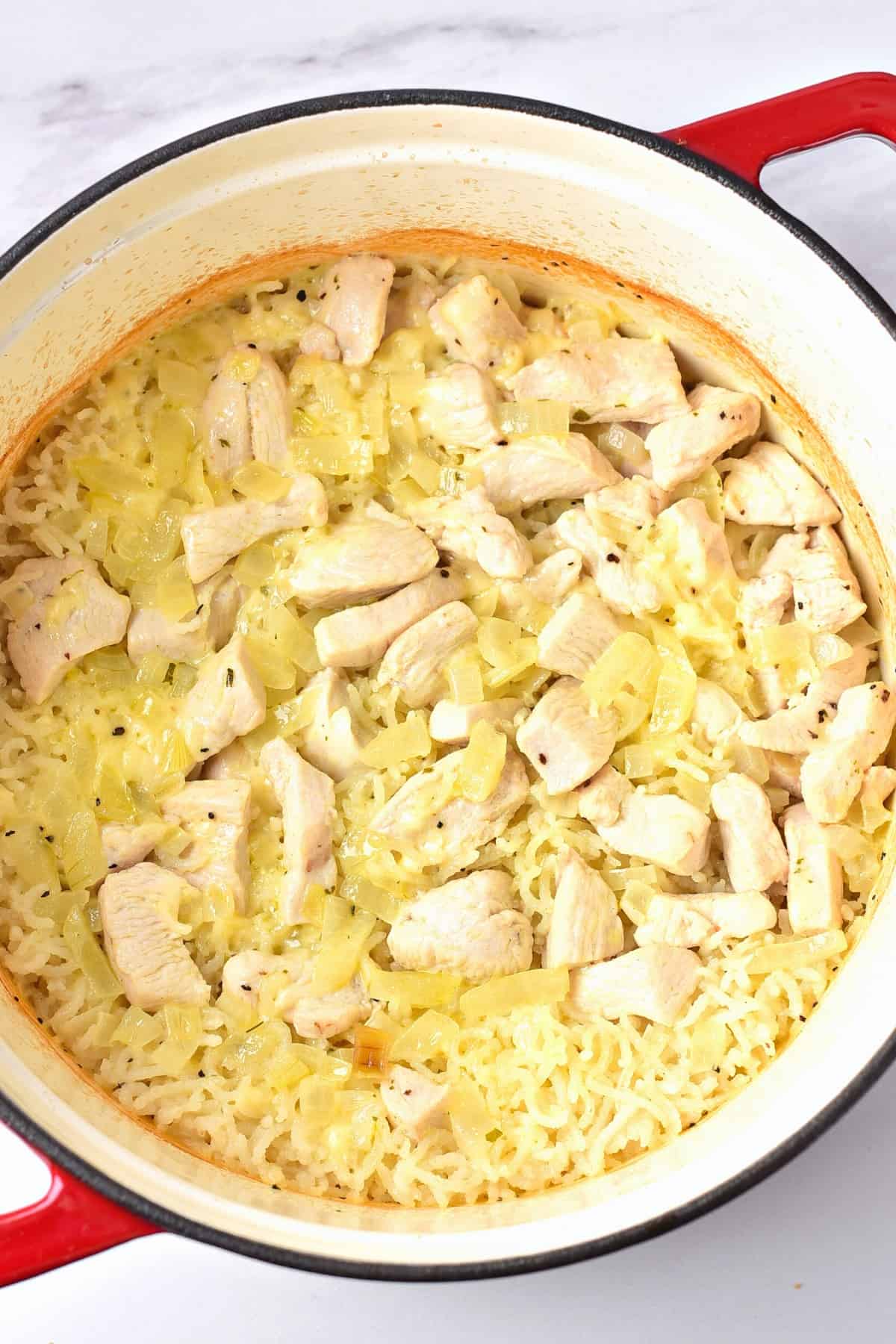Baked chicken and rice in Dutch oven.