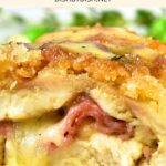 Up close view of sliced gf chicken cordon bleu