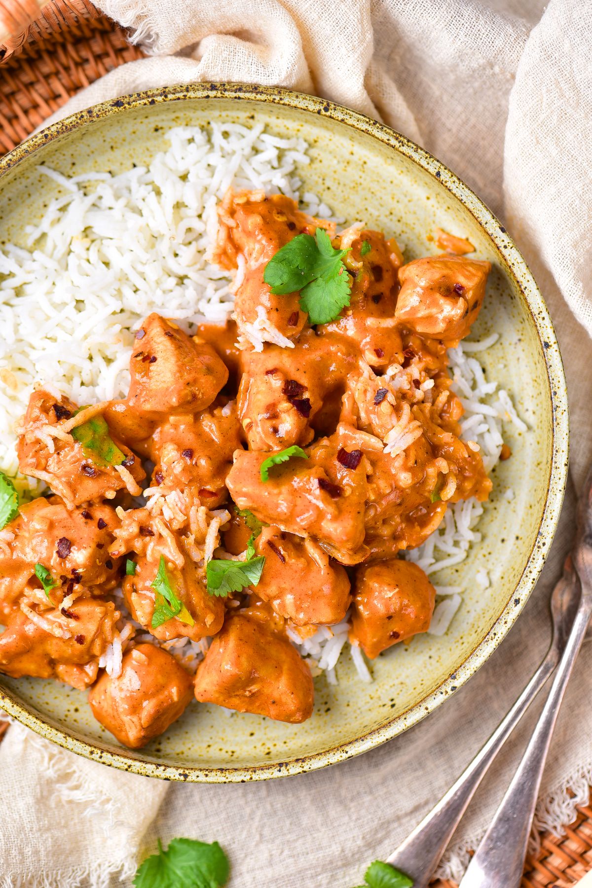 Top down view of a plate of gluten-free chicken curry and rice.