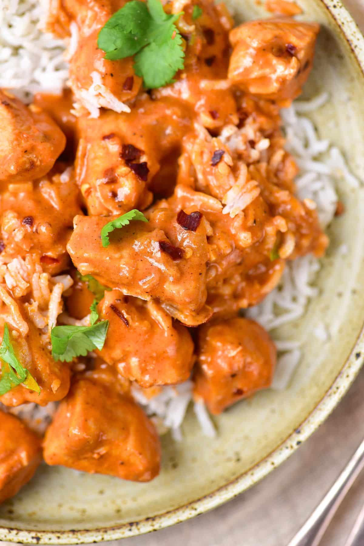 Top down view of chicken curry on a bed of rice.