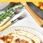 A plate of sliced chicken breast drizzled in chicken gravy.