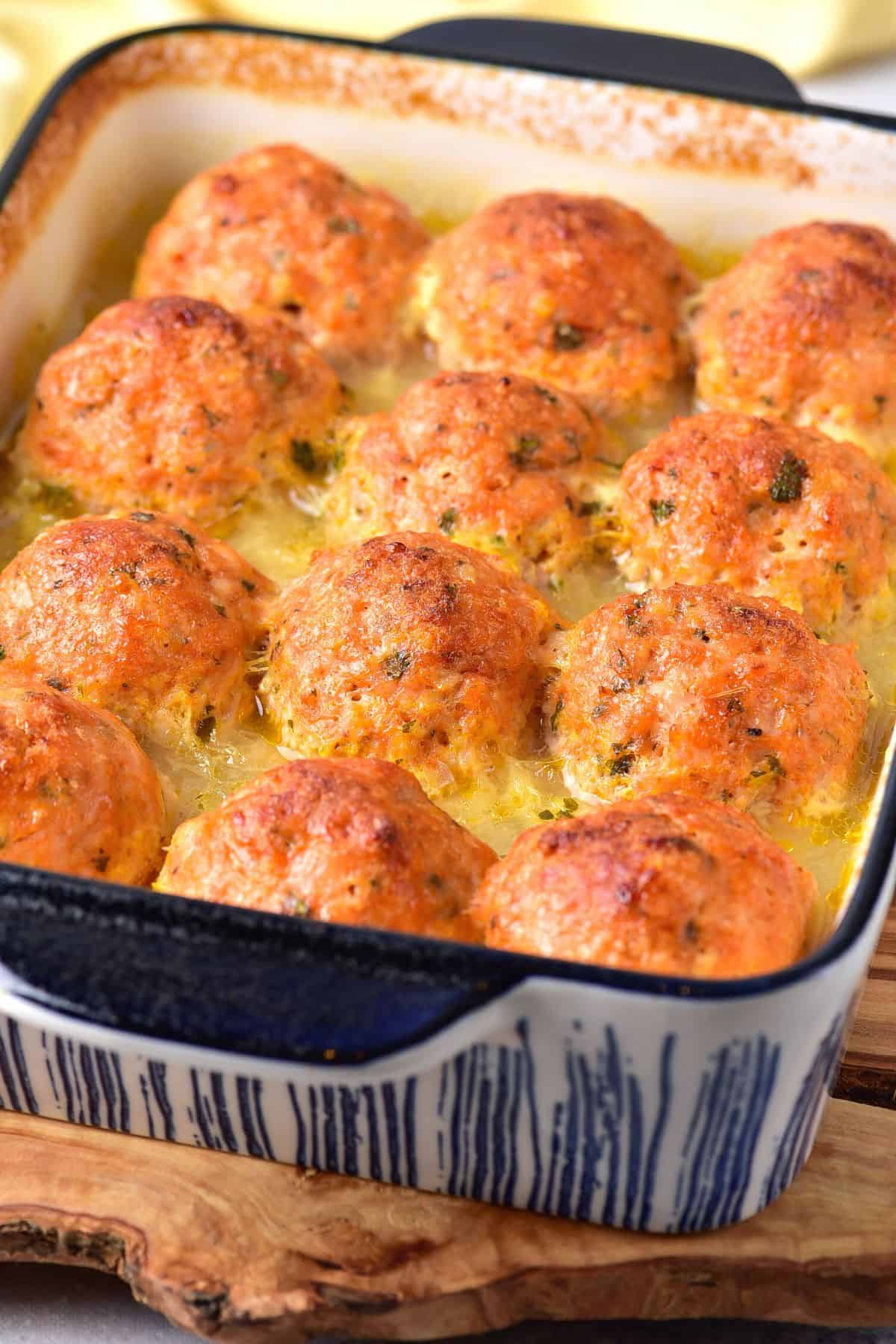 Freshly baked chicken meatballs.