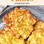 Top down view of a plate of chicken patties.