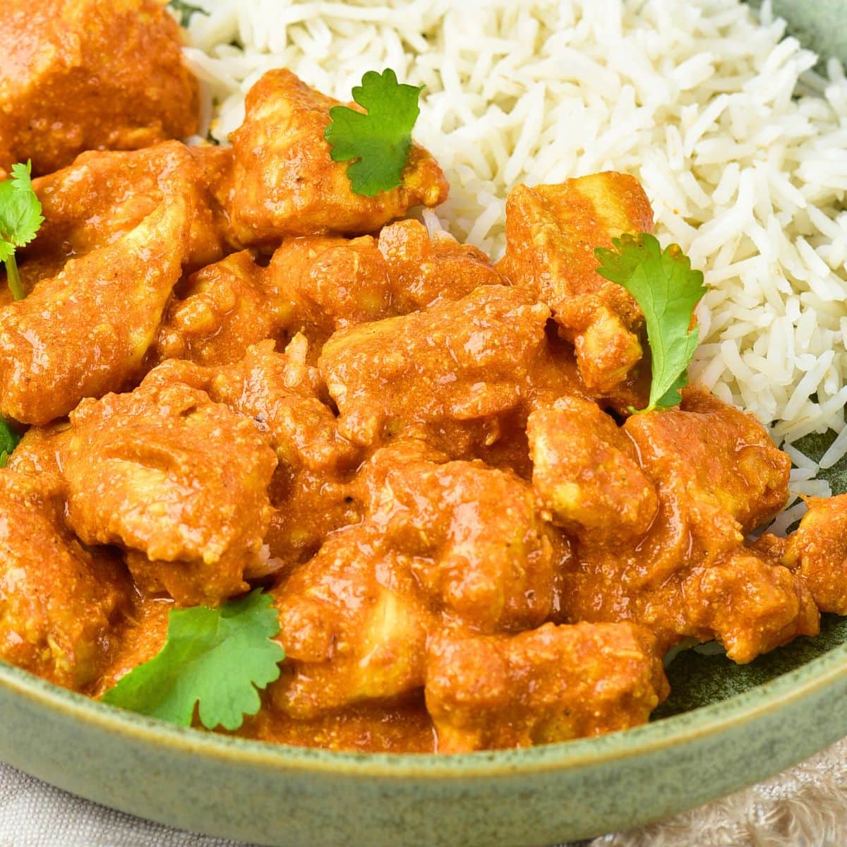 A bowl of chicken tikka masala and rice.