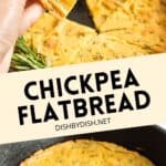 Collage of a hand holding up a slice of farinata and farinata in cast iron skillet.