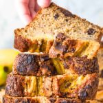 A stack of slices of chocolate chip banana bread