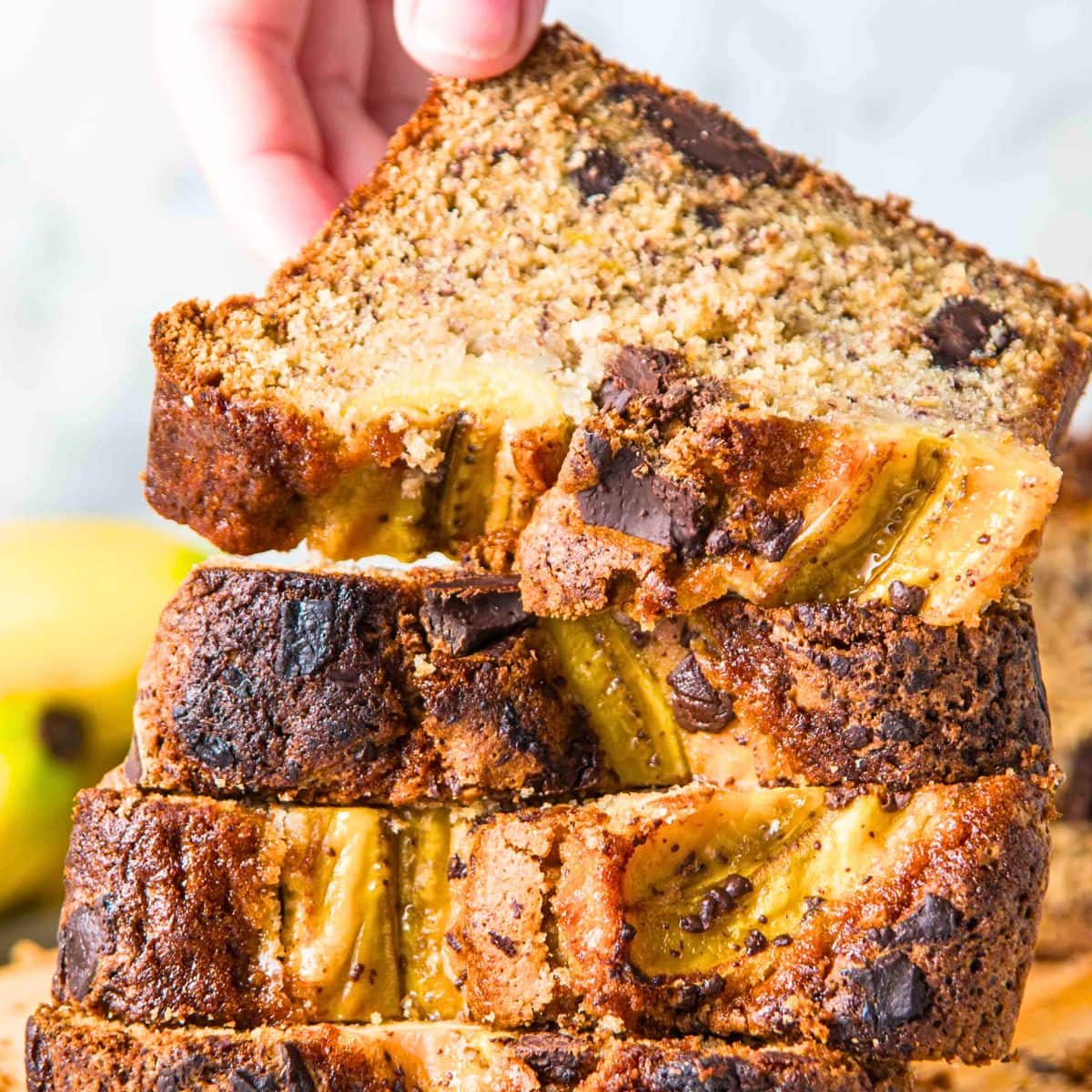 A stack of slices of chocolate chip banana bread