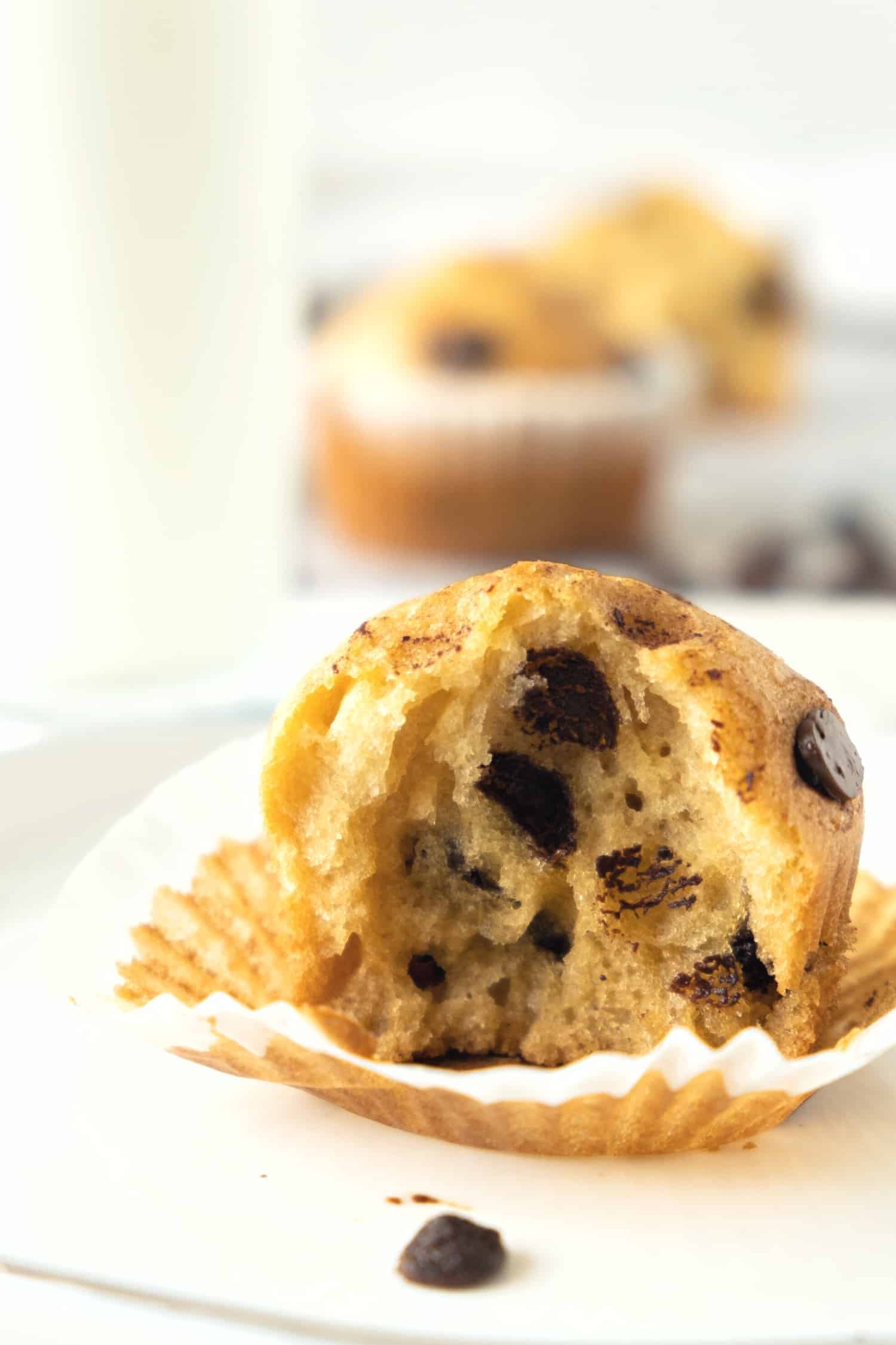Up close shot of texture of half-eaten chocolate chip muffin.