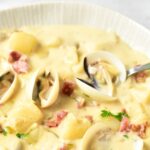 Up close view of a bowl of clam chowder