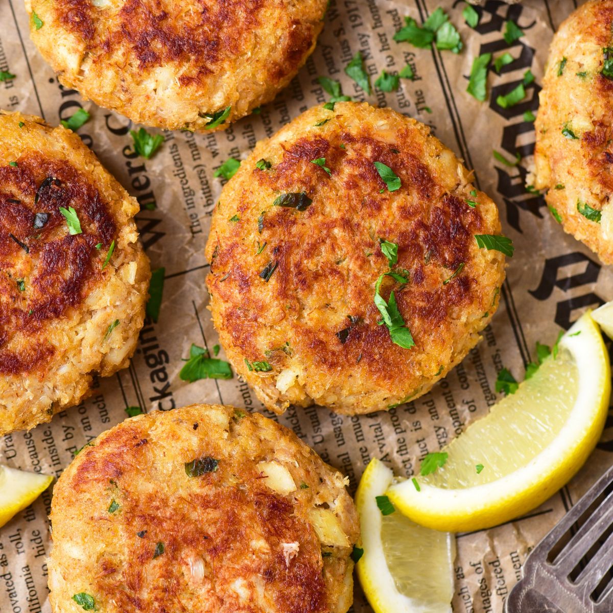 Top down view of gluten-free crab cakes on newspaper.