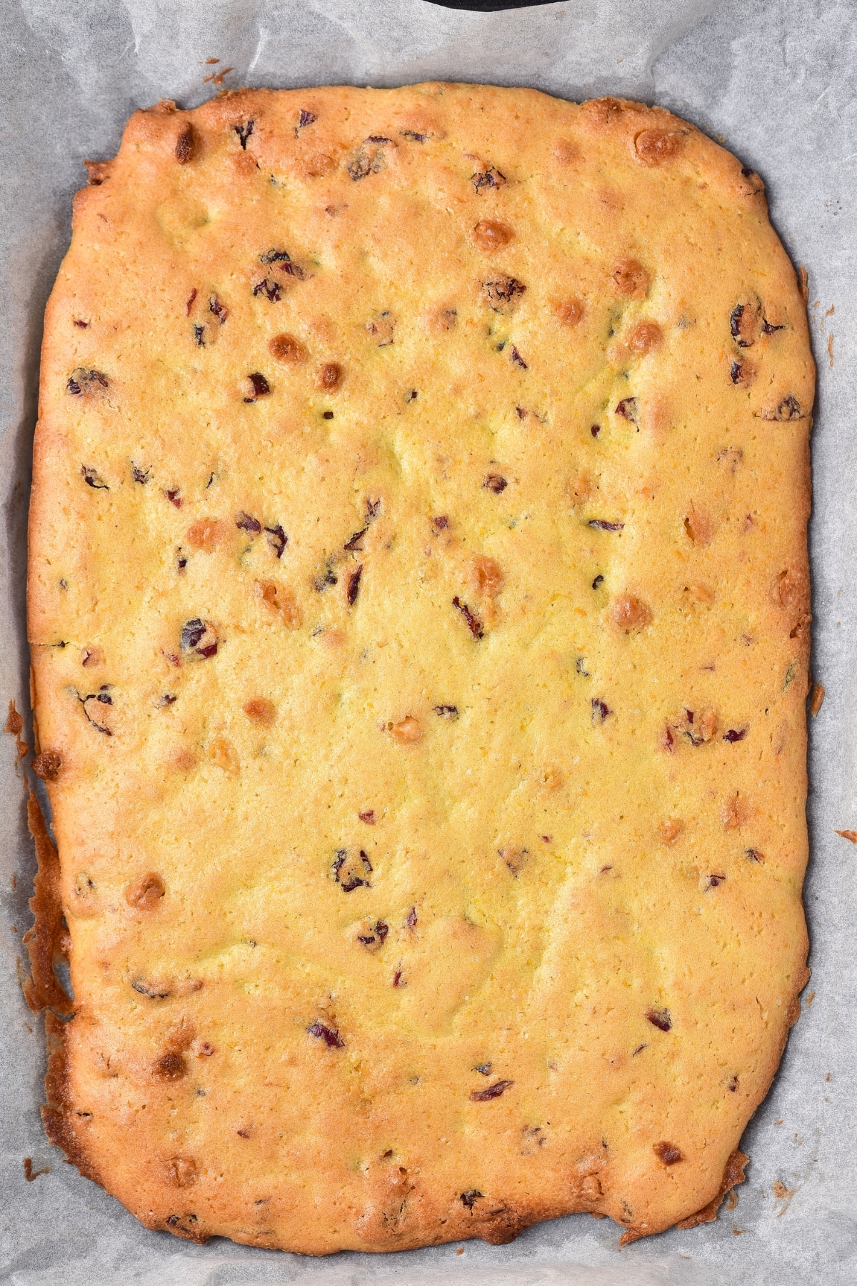 Freshly baked cake in parchment-lined pan.