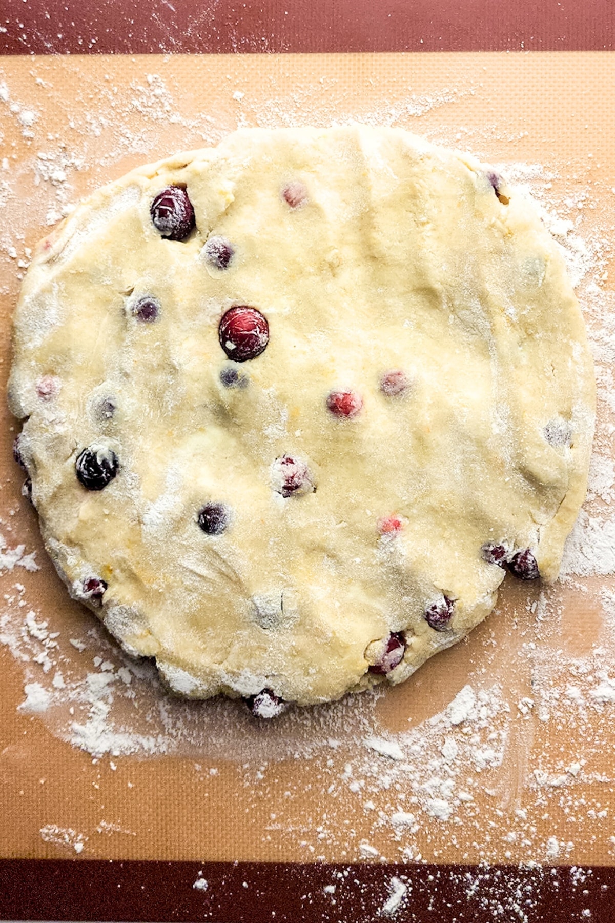 Cranberry scone dough shaped in round disc on silpat.