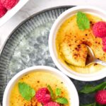 Creme brulee on metal tray