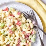 Top down view of plate of macaroni salad.