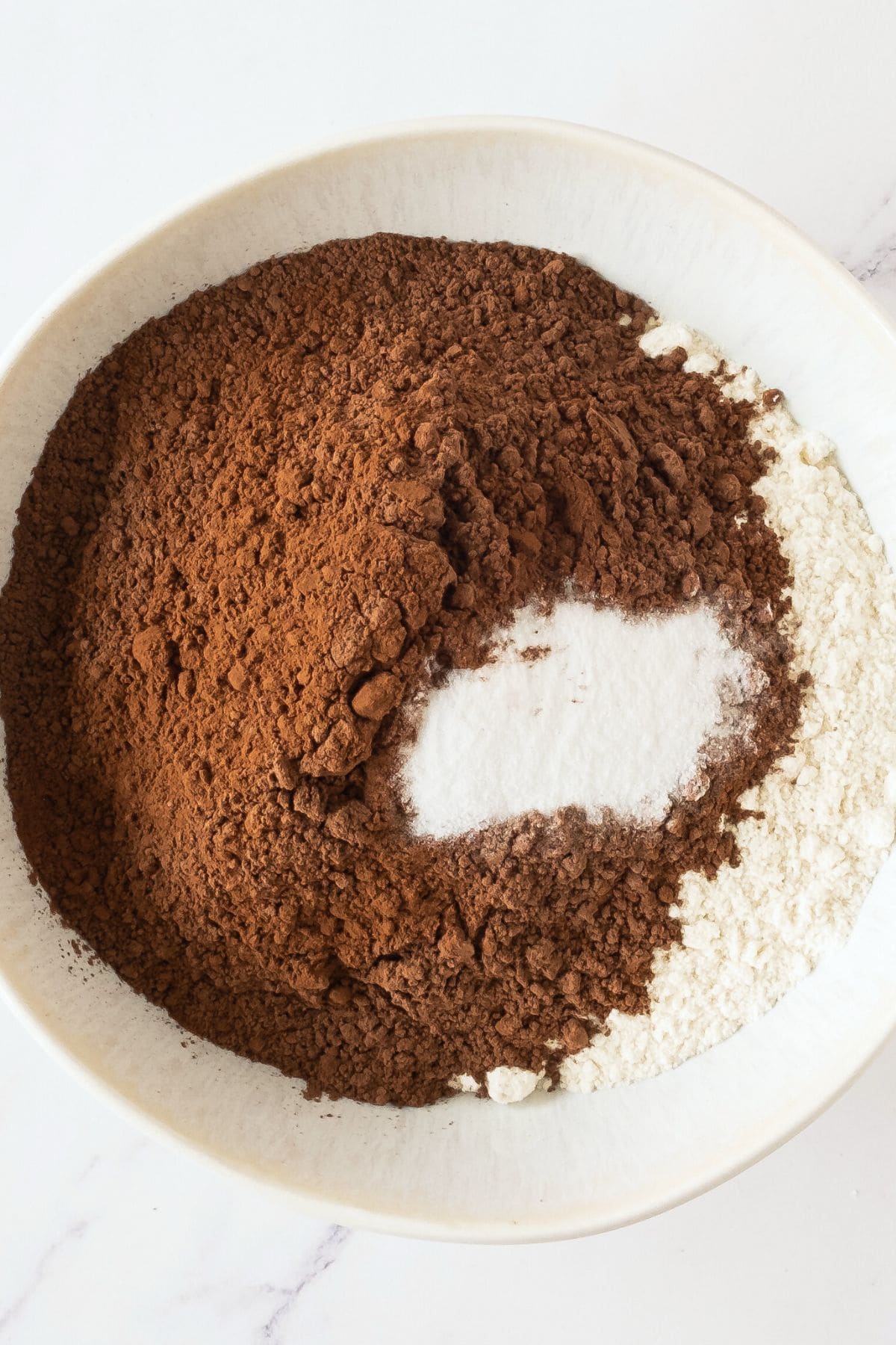 Cocoa powder, flour and baking powder in white mixing bowl.