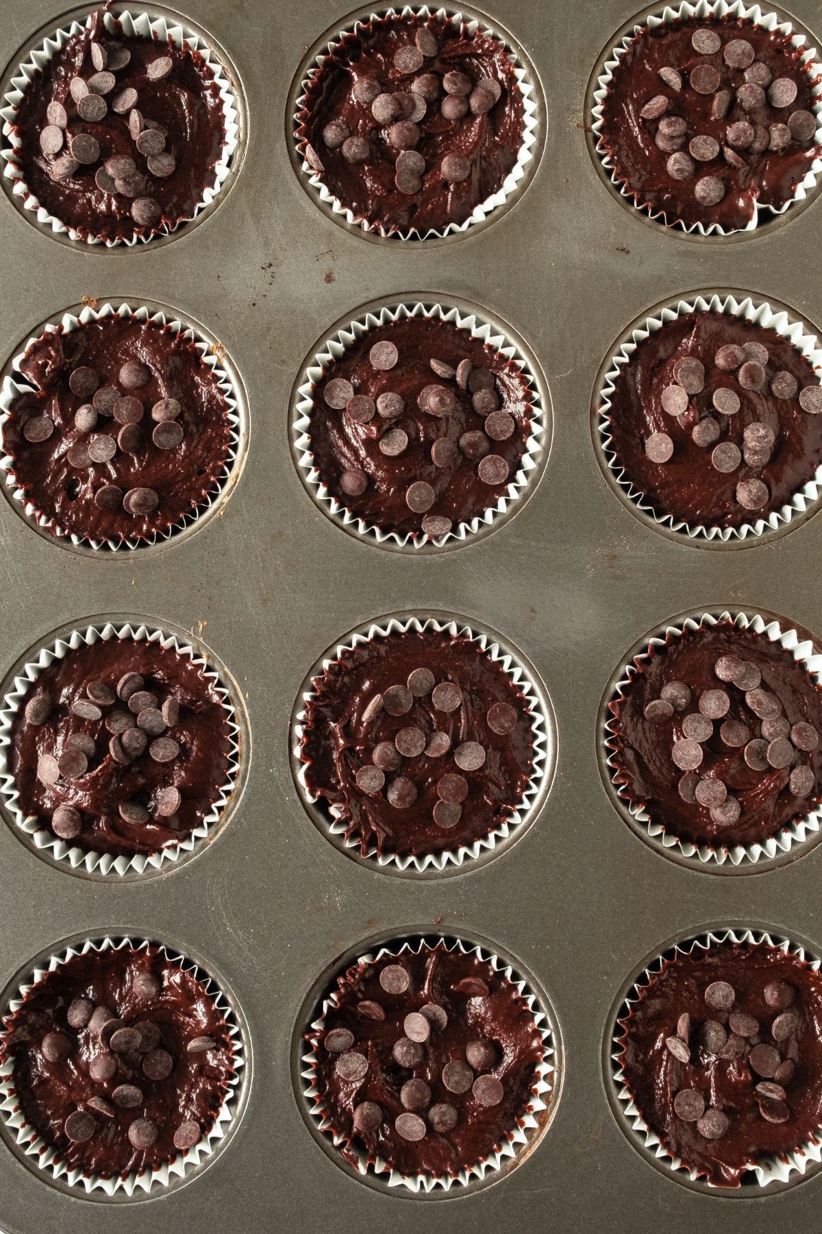 Chocolate muffin batter in lined muffin pan topped with chocolate chips