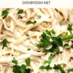 Top down view of pasta alfredo.