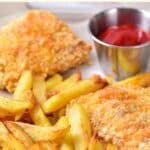 Up close shot of gluten-free fish and chips