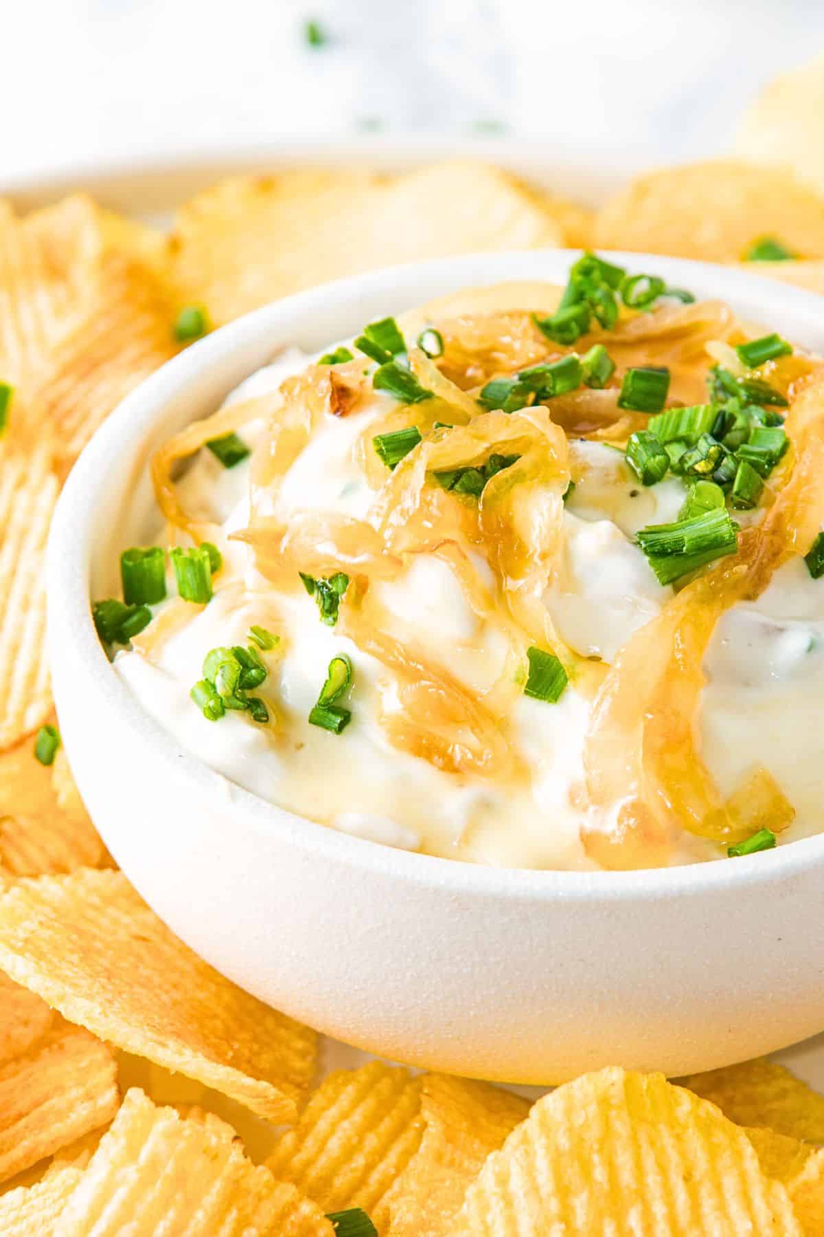 Up close view of a bowl of gf french onion dip.