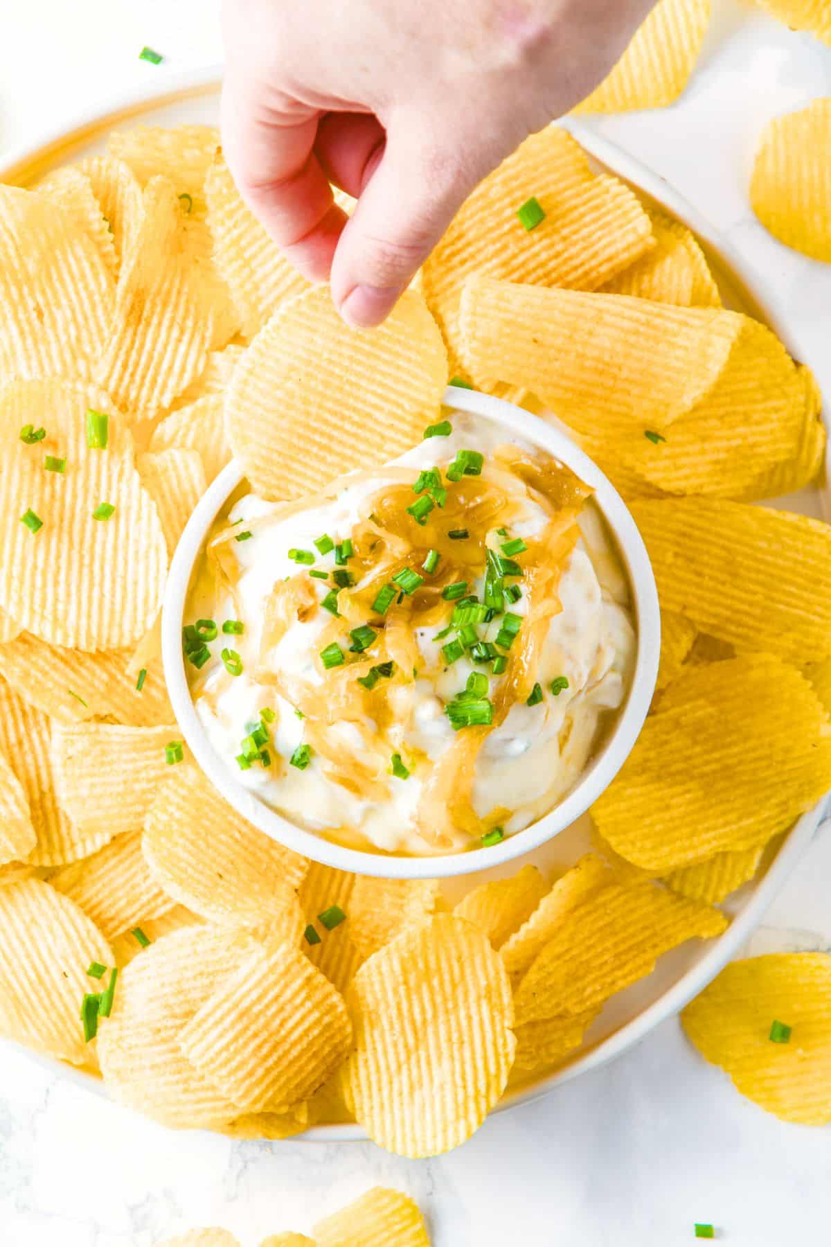 Top down view of a bowl of gluten-free onion dip surrounded by chips.