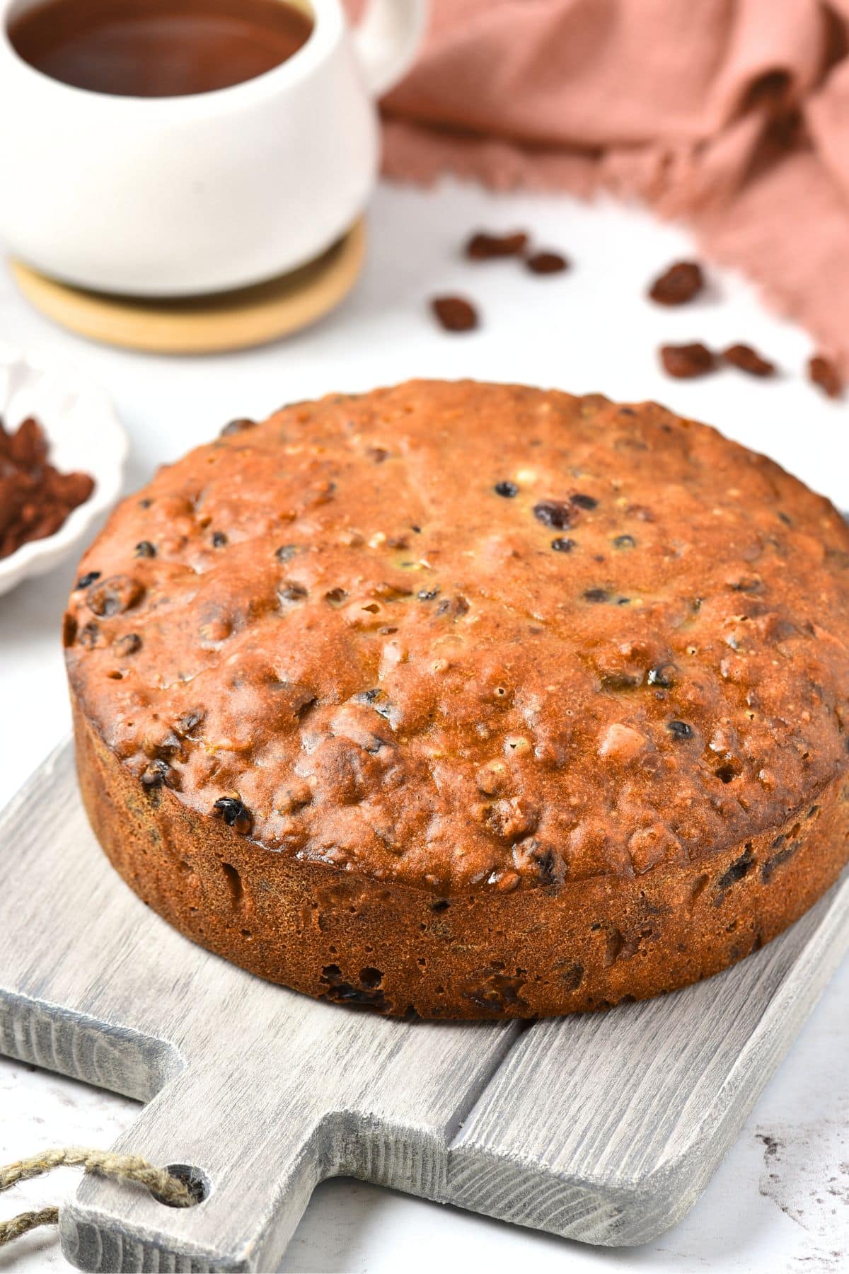 Homemade fruitcake on wooden board