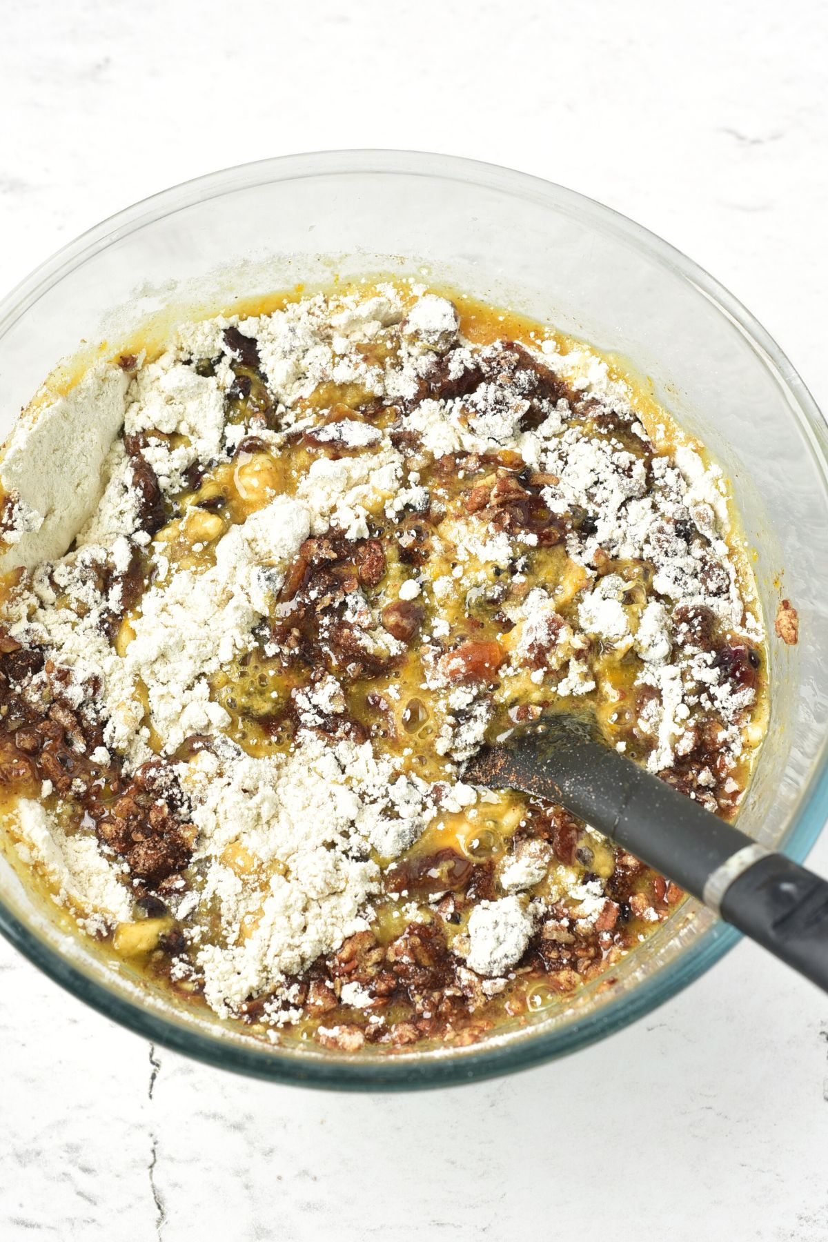 Mixing flour into wet ingredients