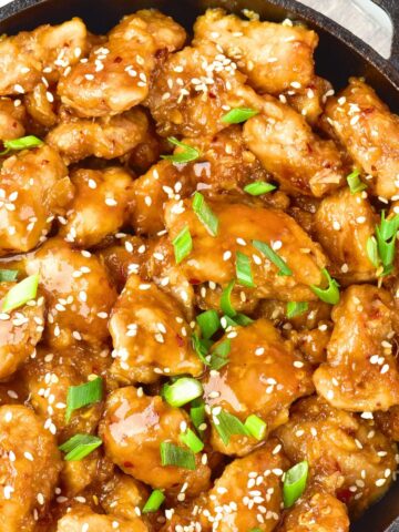 Gluten-free General Tso's chicken in cast iron skillet