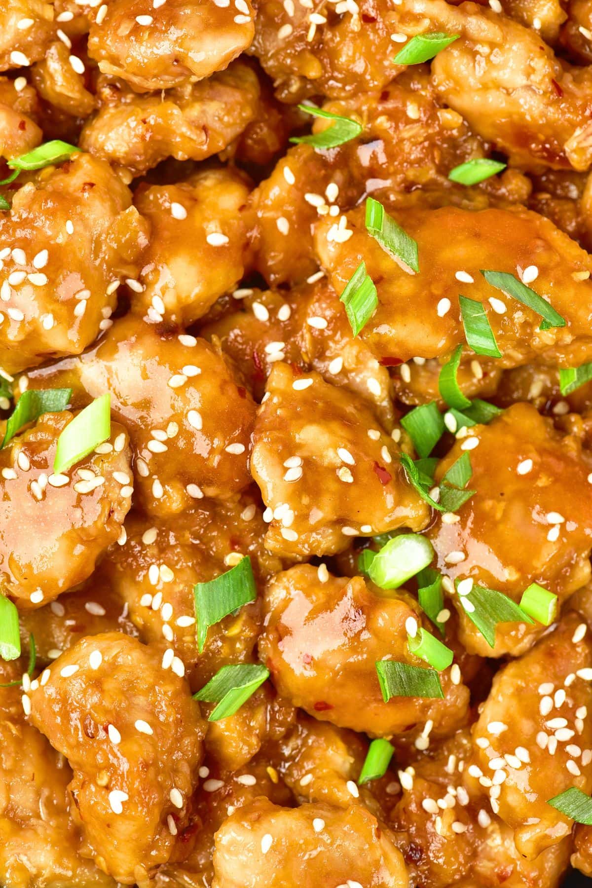 Up close view of gluten-free dairy-free general tso's chicken