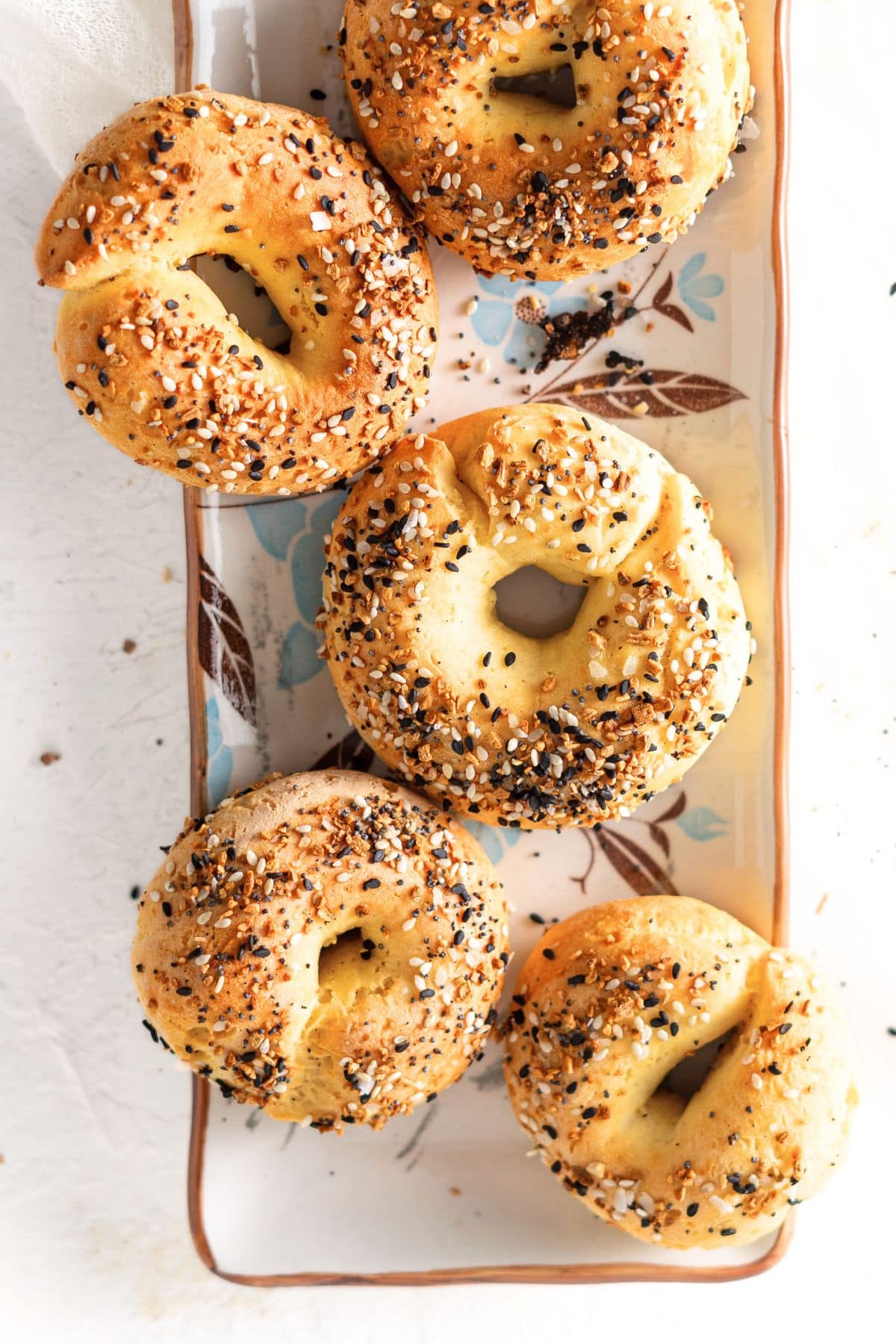 Top down view of gluten-free Greek yogurt bagels on plate