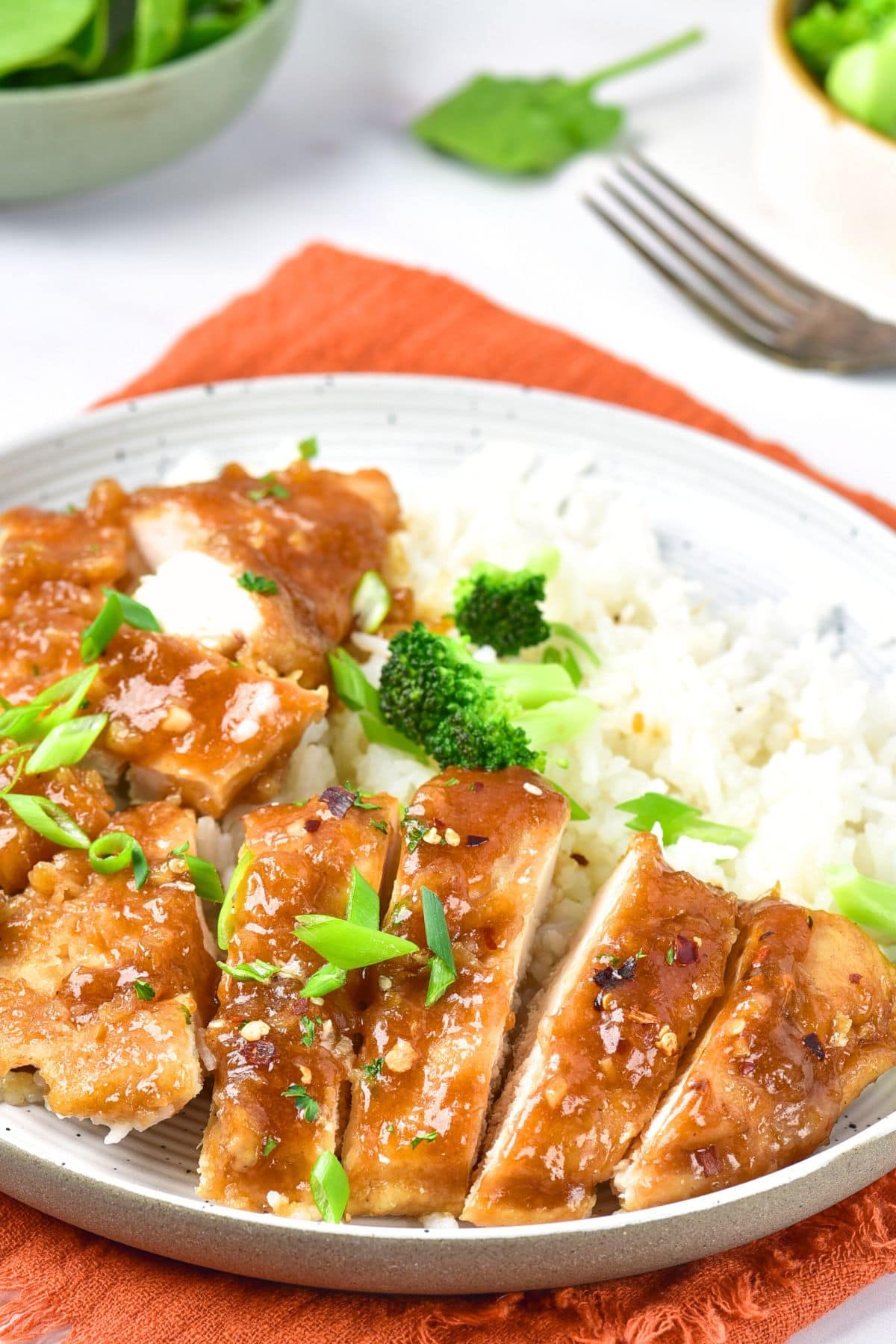 Up close view of a plate of gluten-free honey and garlic chicken
