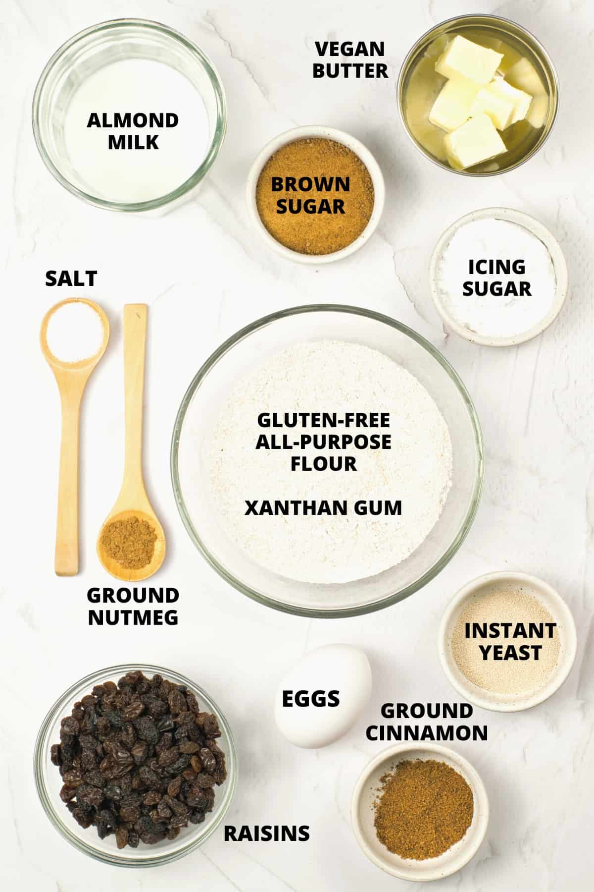 Ingredients required for gluten-free hot cross buns recipe.
