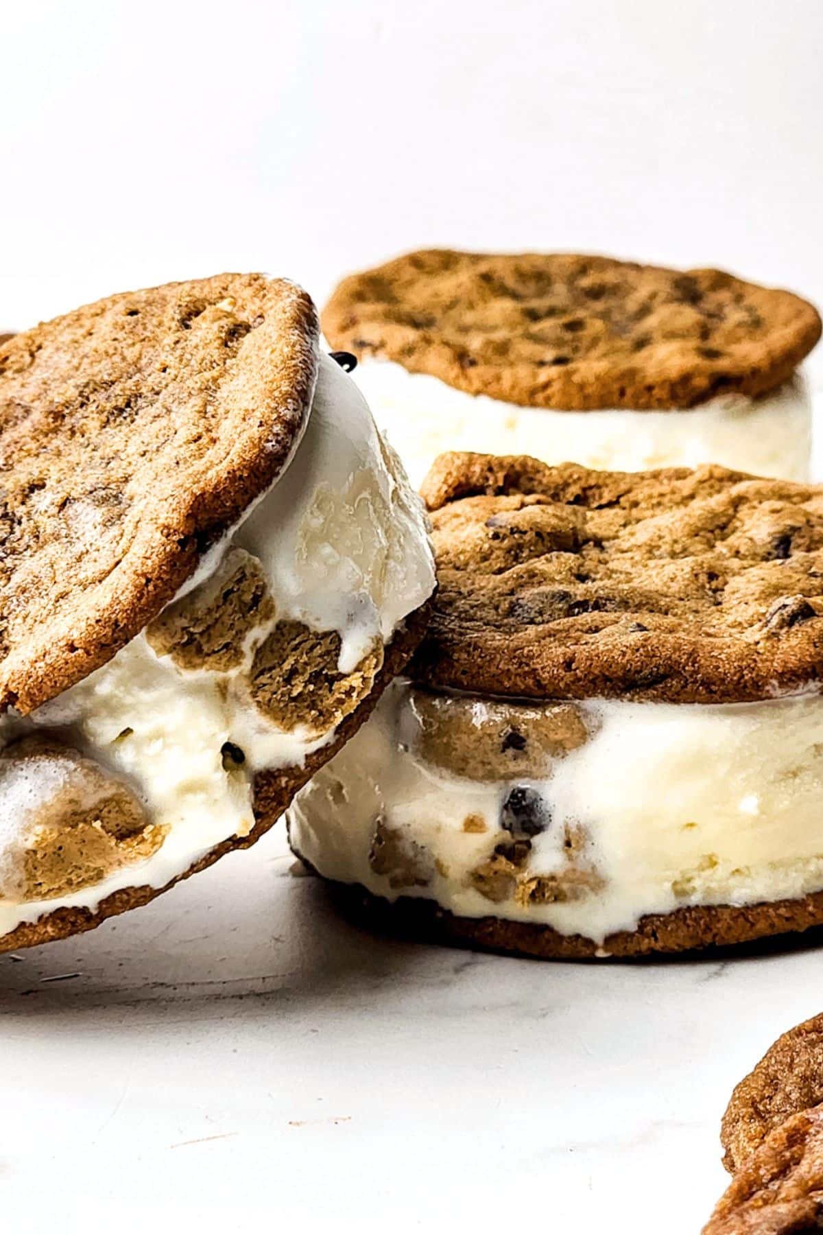 Up close shot of gluten-free cookie dough ice cream sandwiches.