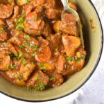 Top down view of a bowl of gluten-free Irish stew