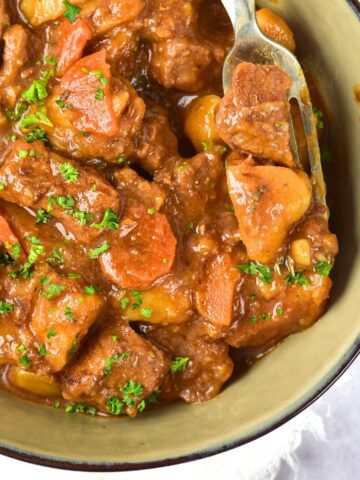 Top down view of a bowl of gluten-free Irish stew