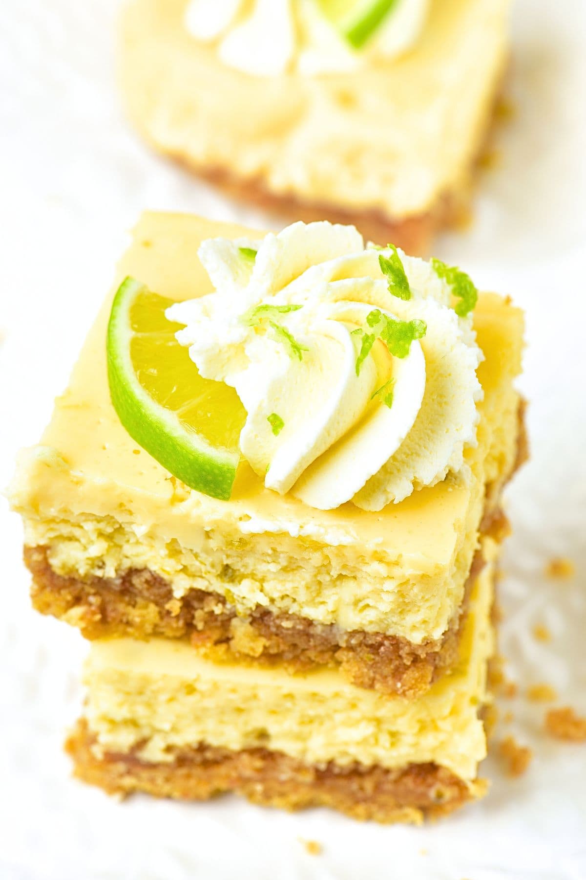Up close view of a stack of gluten-free key lime squares