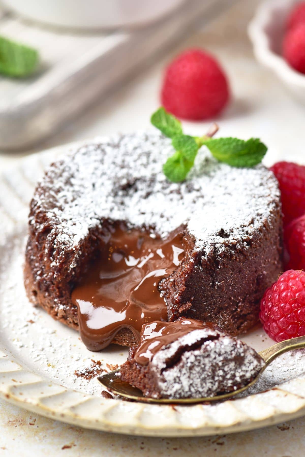 Up close shot of half-eaten gluten-free lava cake