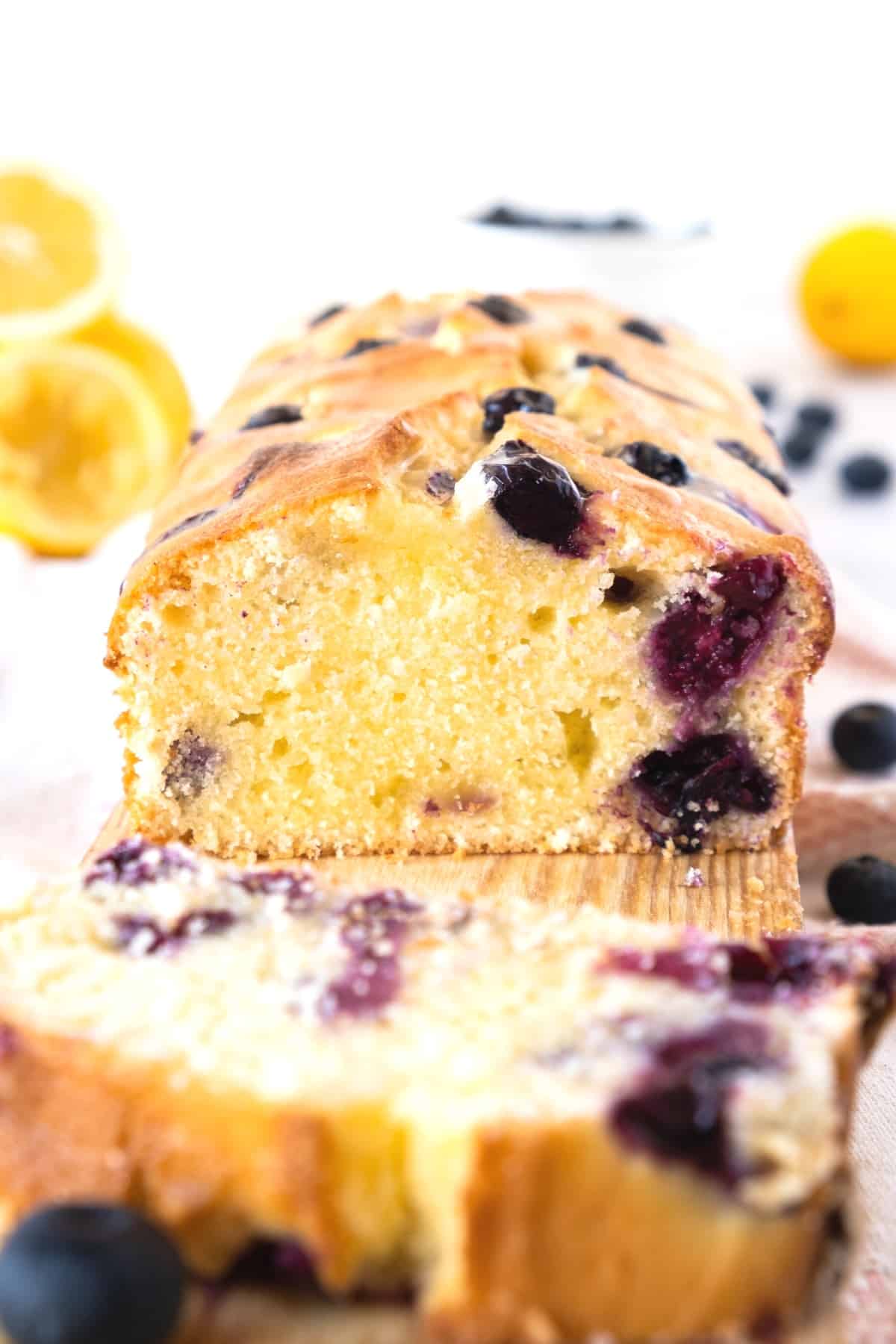 Up close shot showing texture of sliced gluten-free blueberry bread.