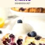 A slice of blueberry lemon cake topped with a scoop of ice cream.