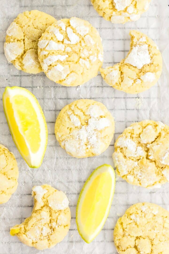 Lemon crinkle cookies cooling on wire rack