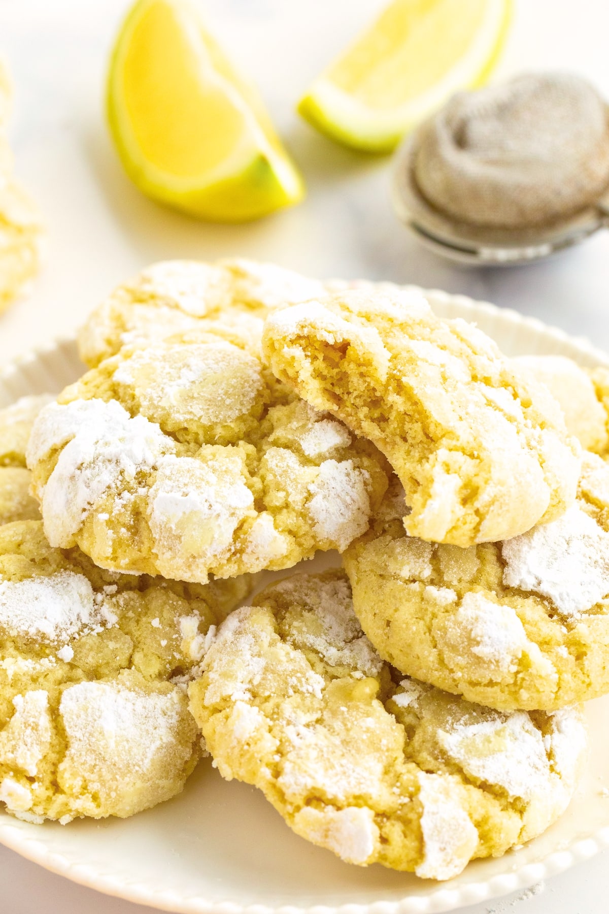 A big plate of lemon crinkle cookies (gluten-free).